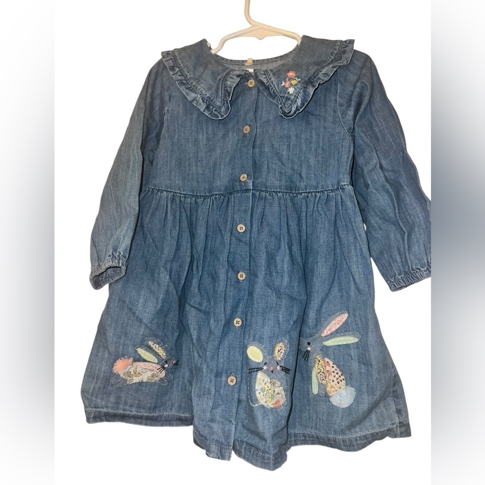 Next UK Blue Chambray Denim Dress with Button bunny mouse embroidered 2-3Y